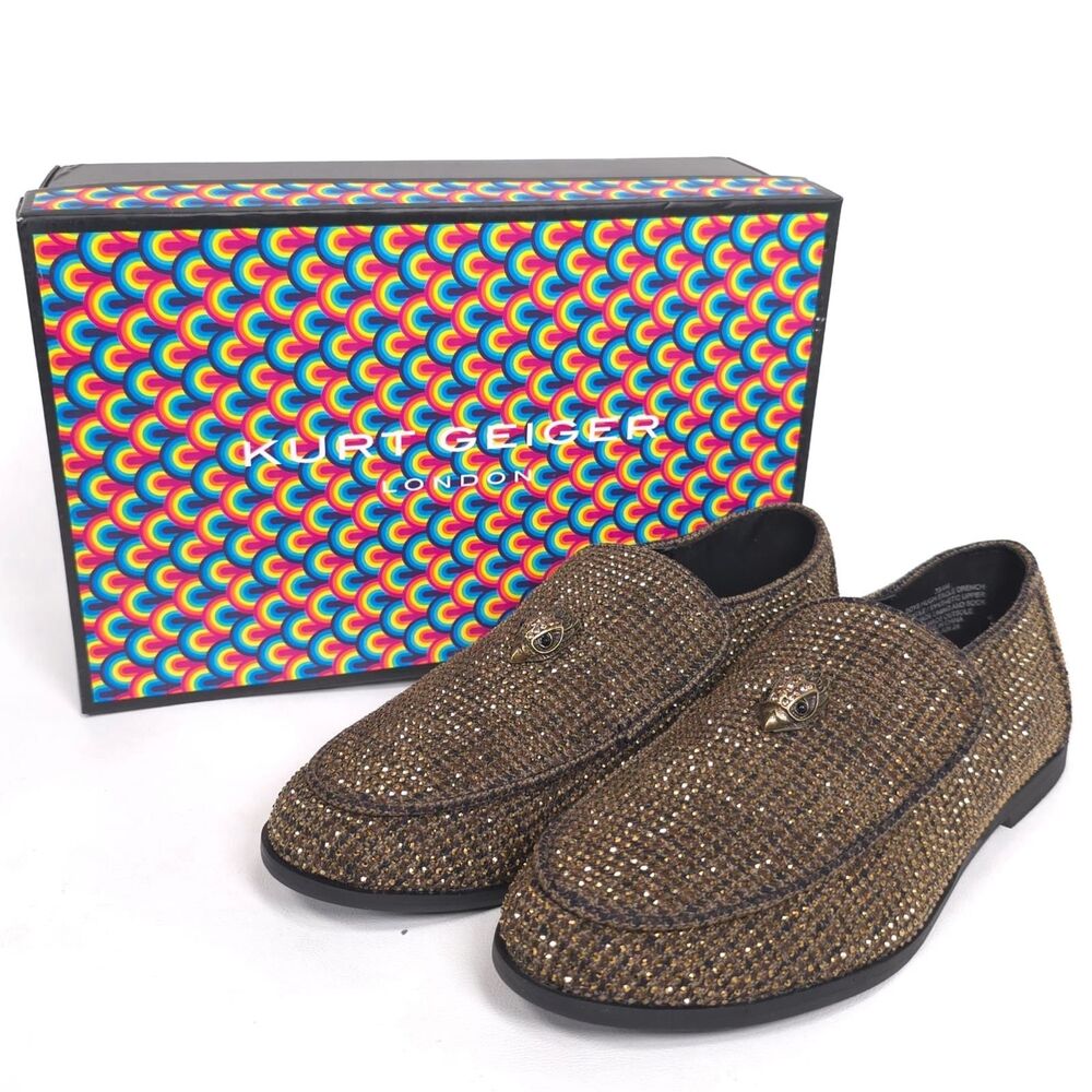 KURT GEIGER Boys New Hugh Loafers Shoes 3M Crystal Embellished Brown DRENCH EU34